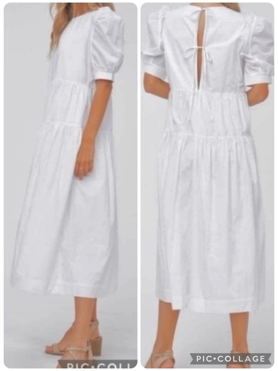 En Saison Dresses & Skirts - En Saison Midi Dress White Tiered Puff Short Sleeve Midi XS Babydoll Open Back